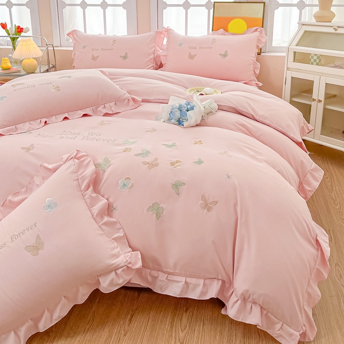 91家纺网 家纺一手货源 找家纺 恋之语 2025新款水洗棉刺绣花边四件套-蝶羽 蝶羽-粉