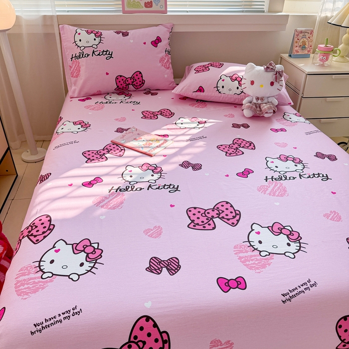 91家纺网 家纺一手货源 找家纺 呗旺鹿 2025新款正版三丽鸥全棉13372单品床单 开心凯蒂