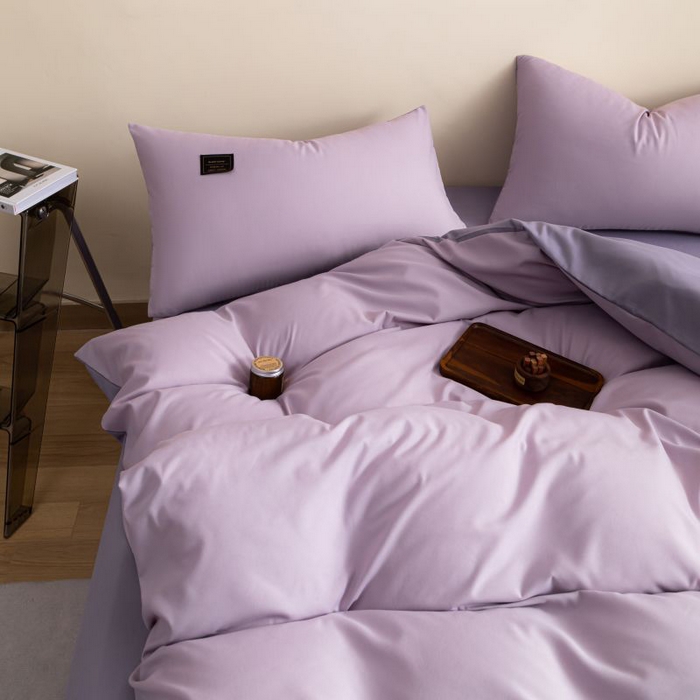 91家纺网 家纺一手货源 找家纺 恋之语 2025新款90克纯色双拼四件套 香芋紫+罗兰紫