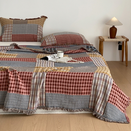 麻依 2025新款全棉四层纱布流苏毯旅行披肩休闲毛巾被 格律