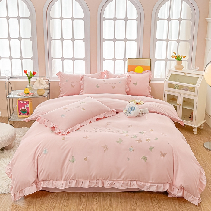 91家纺网 家纺一手货源 找家纺 恋之语 2025新款水洗棉刺绣花边四件套-蝶羽 蝶羽-粉