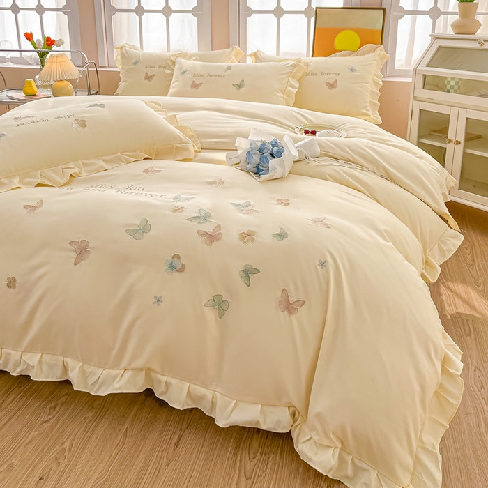 91家纺网 家纺一手货源 找家纺 恋之语 2025新款水洗棉刺绣花边四件套-蝶羽 蝶羽-黄