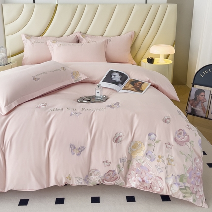 91家纺网 家纺一手货源 找家纺 （总）恋之语 2025新款水洗棉刺绣四件套-玫瑰花