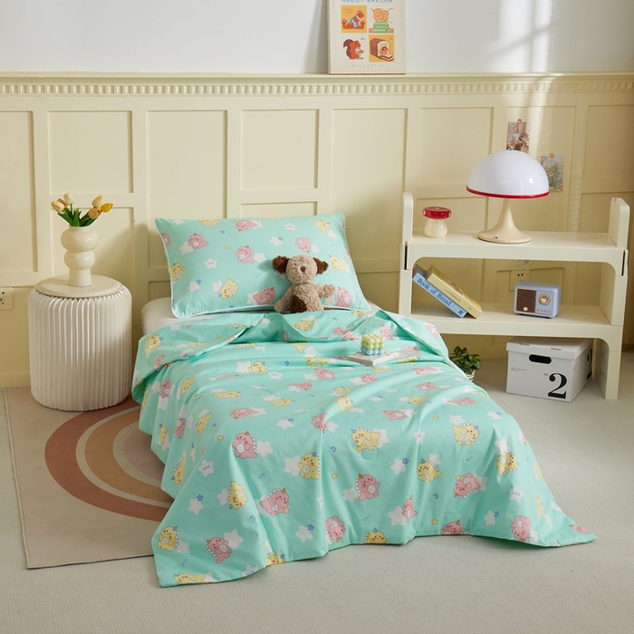 91家纺网 家纺一手货源 找家纺 ds生活馆 2025新款儿童学生纯棉精梳棉系列单夏被 星星恐龙绿