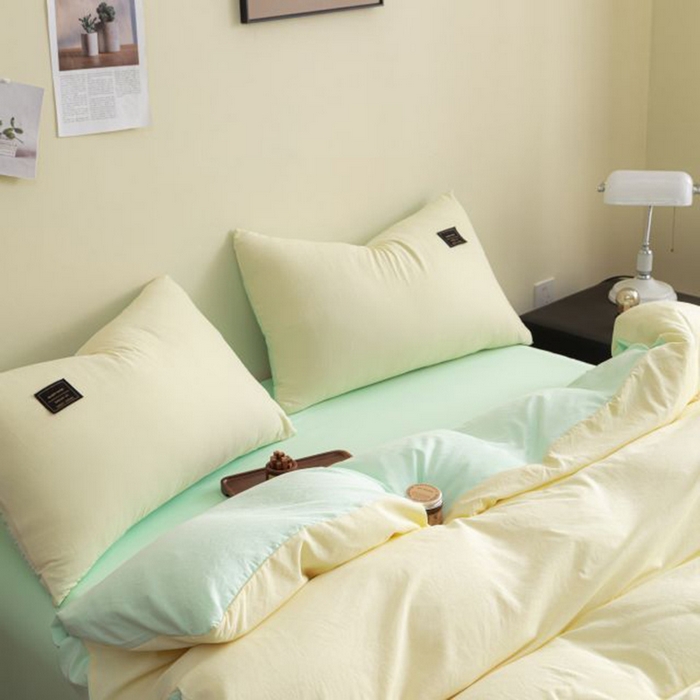 91家纺网 家纺一手货源 找家纺 恋之语 2025新款90克纯色双拼四件套 奶油黄+浅兰