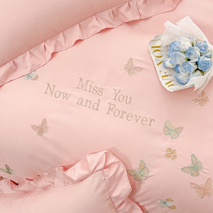 91家纺网 家纺一手货源 找家纺 （总）恋之语 2025新款水洗棉刺绣花边四件套-蝶羽