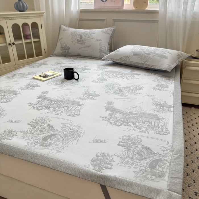 91家纺网 家纺一手货源 找家纺 花漾家居 2025新款A类色织提花PE凉感丝凉席三件套床单床笠款 床单款-江南灰