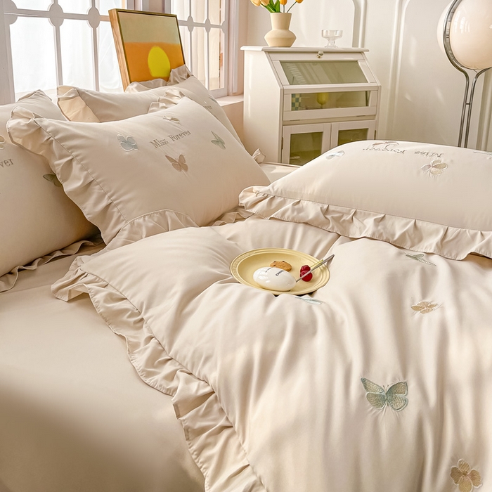 91家纺网 家纺一手货源 找家纺 恋之语 2025新款水洗棉刺绣花边四件套-蝶羽 蝶羽-米白