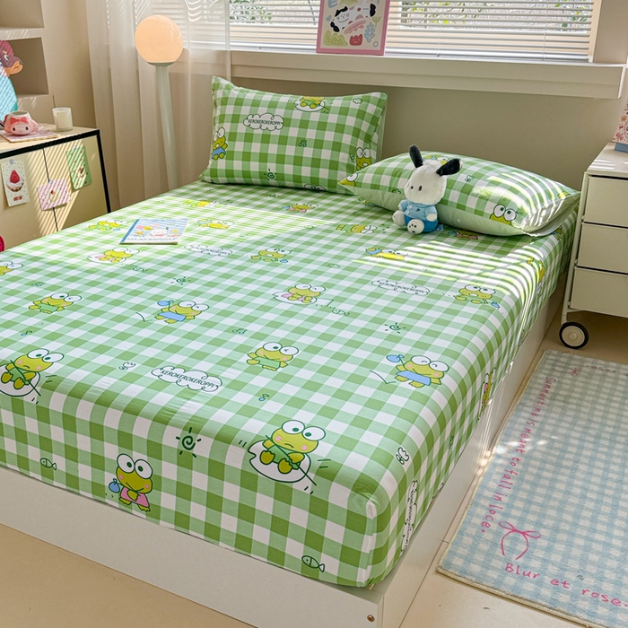 91家纺网 家纺一手货源 找家纺 呗旺鹿 2025新款正版三丽鸥全棉13372单品床笠 格子大眼蛙