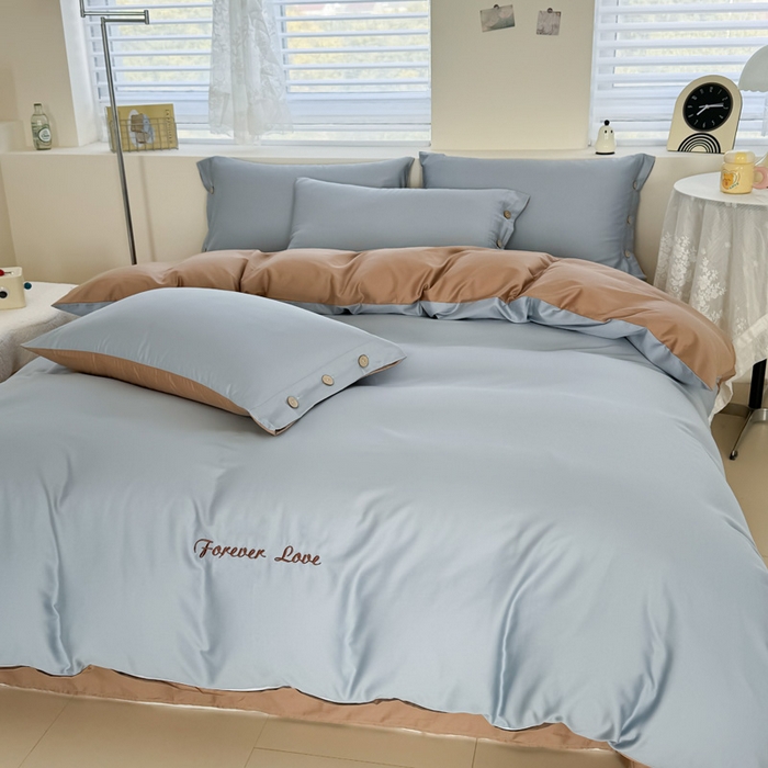 91家纺网 家纺一手货源 找家纺 2025新款A类纯色双拼长绒棉纯棉刺绣四件套 驼韵蓝调