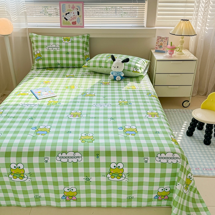 91家纺网 家纺一手货源 找家纺 呗旺鹿 2025新款正版三丽鸥全棉13372单品床单 格子大眼蛙