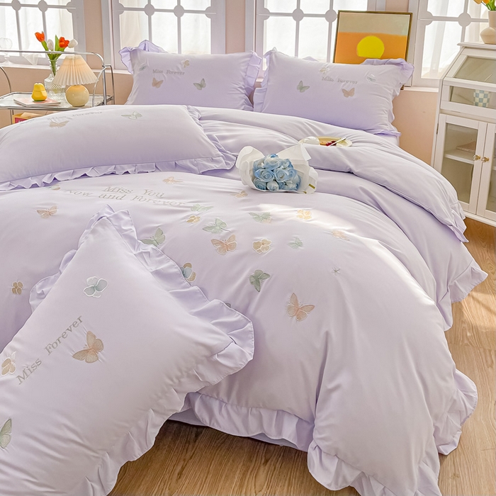 91家纺网 家纺一手货源 找家纺 恋之语 2025新款水洗棉刺绣花边四件套-蝶羽 蝶羽-紫