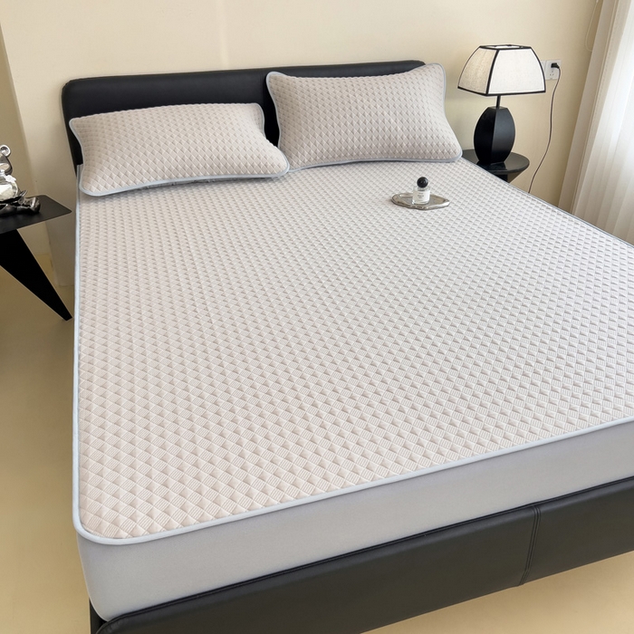 91家纺网 家纺一手货源 找家纺 席世家 2025新款凉感席冰豆豆席子三套件凉席床笠 小方格米咖-床笠款