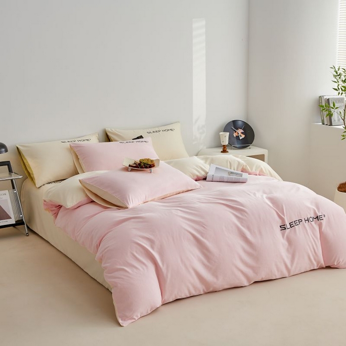 91家纺网 家纺一手货源 找家纺 恋之语 2025新款110克麻绳双拼刺绣单被套 樱花粉+米黄