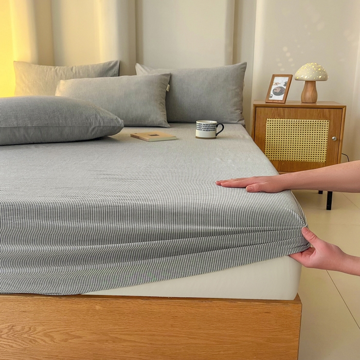 91家纺网 家纺一手货源 找家纺 恋之语 2025新款全棉纯棉色织床笠单品单床笠床笠单件 条纹灰