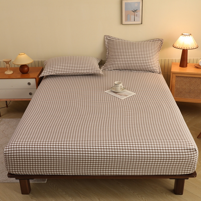 91家纺网 家纺一手货源 找家纺 绒多多 2025新款简约水洗棉色织床笠 咖小格