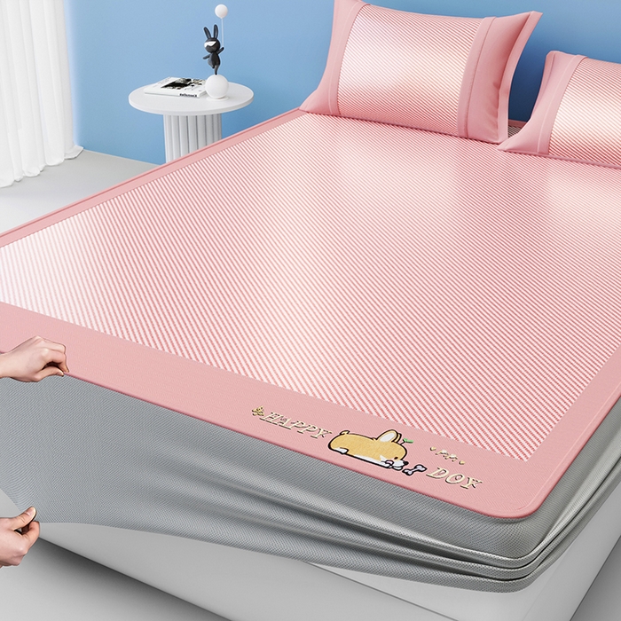 91家纺网 家纺一手货源 找家纺 2025新款斜纹宽柯基凉感冰丝席 斜纹柯基粉-床笠款