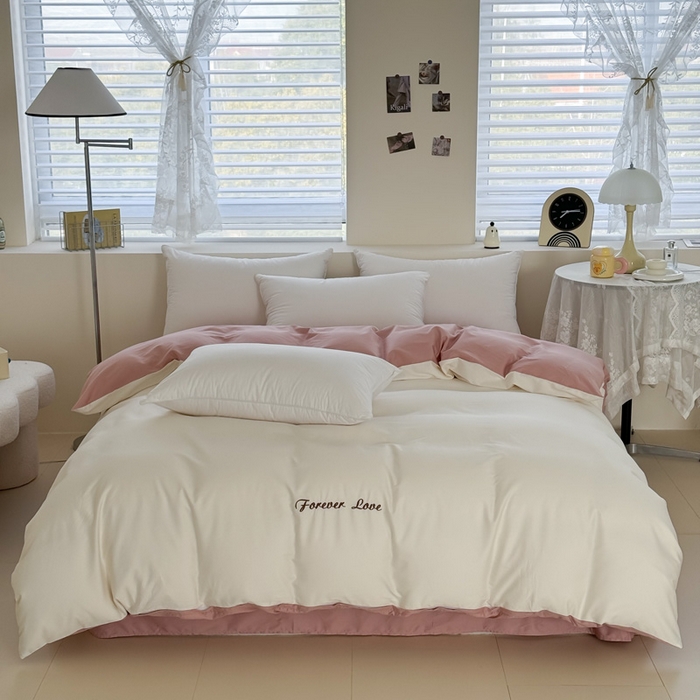 91家纺网 家纺一手货源 找家纺 2025新款A类纯色双拼长绒棉纯棉刺绣四件套 奶粉甜梦