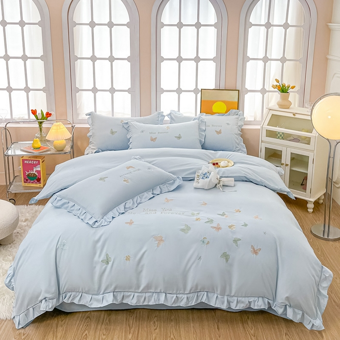 91家纺网 家纺一手货源 找家纺 恋之语 2025新款水洗棉刺绣花边四件套-蝶羽 蝶羽-蓝