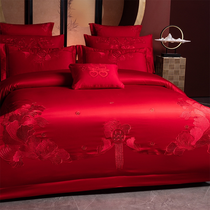 91家纺网 家纺一手货源 找家纺 博之洋婚庆 2025新款全棉长绒棉刺绣新中式婚庆系列多件套 甜蜜时光--红