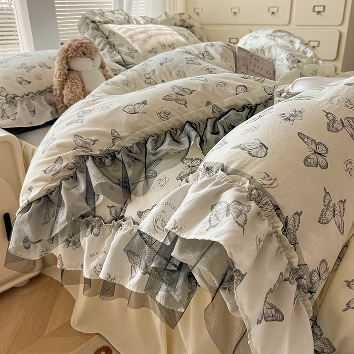 91家纺网 家纺一手货源 找家纺 眠帛家居 2025新款A类法式皱皱纱小清新蕾丝花边四件套 蝶舞