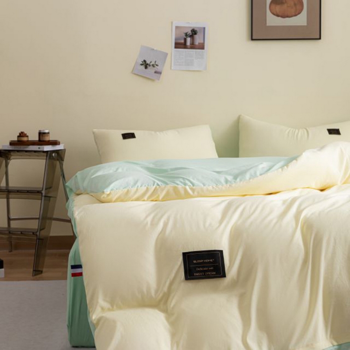 91家纺网 家纺一手货源 找家纺 恋之语 2025新款90克纯色双拼四件套 奶油黄+浅兰