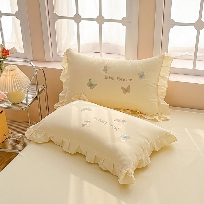 91家纺网 家纺一手货源 找家纺 恋之语 2025新款水洗棉刺绣花边四件套-蝶羽 蝶羽-黄