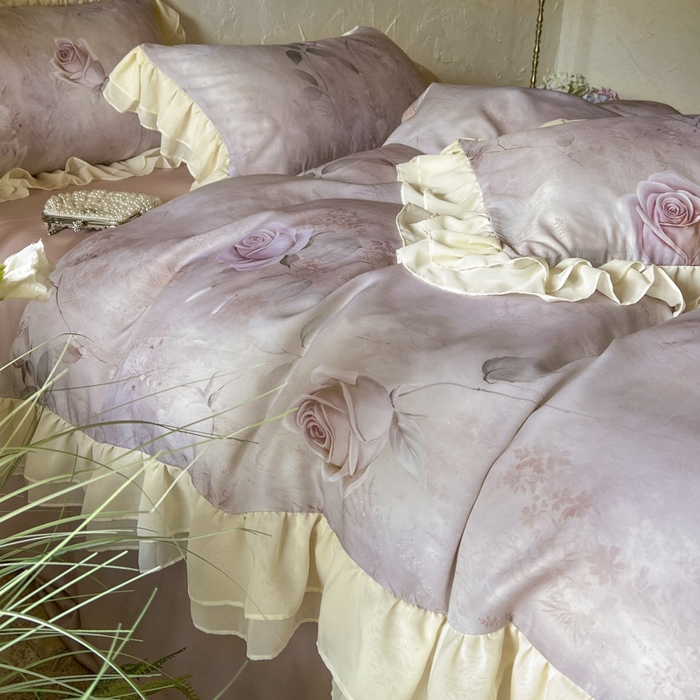 91家纺网 家纺一手货源 找家纺 亲亲公主 2025新款莱赛尔天丝棉玫瑰之恋四件套 玫瑰之恋一粉色