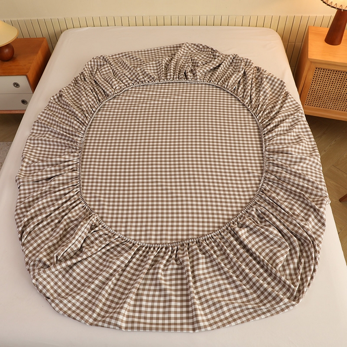 91家纺网 家纺一手货源 找家纺 绒多多 2025新款简约水洗棉色织床笠 咖小格