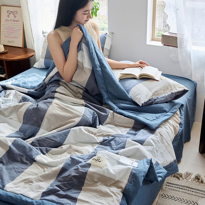 91家纺网 家纺一手货源 找家纺 恋人优选 2025新款纯棉色织水洗夏被 蓝大格