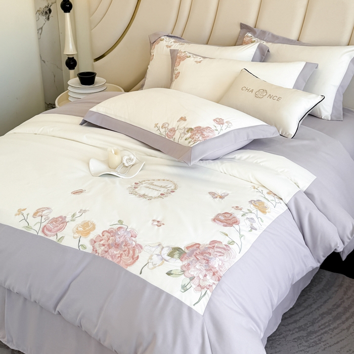 91家纺网 家纺一手货源 找家纺 恋之语 2025新款水洗棉刺绣四件套-伊莉莎 伊莉莎-灰紫