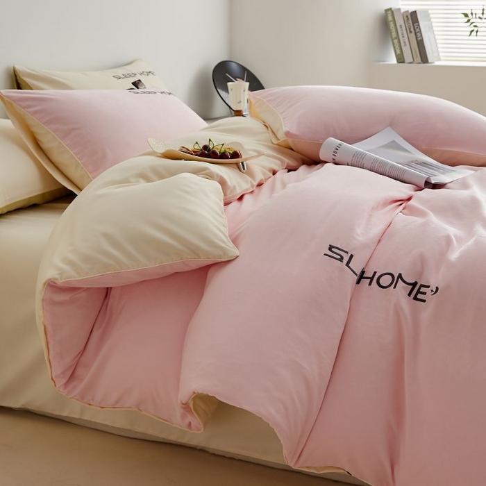 91家纺网 家纺一手货源 找家纺 恋之语 2025新款110克麻绳双拼刺绣四件套 樱花粉+米黄