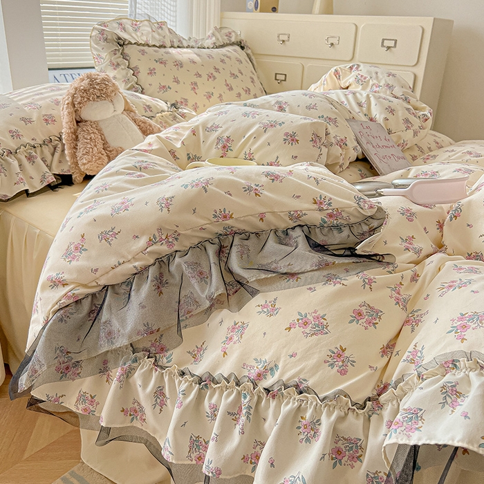 91家纺网 家纺一手货源 找家纺 眠帛家居 2025新款A类法式皱皱纱小清新蕾丝花边四件套 芬芳