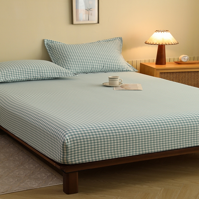 91家纺网 家纺一手货源 找家纺 绒多多 2025新款简约水洗棉色织床笠 绿小格