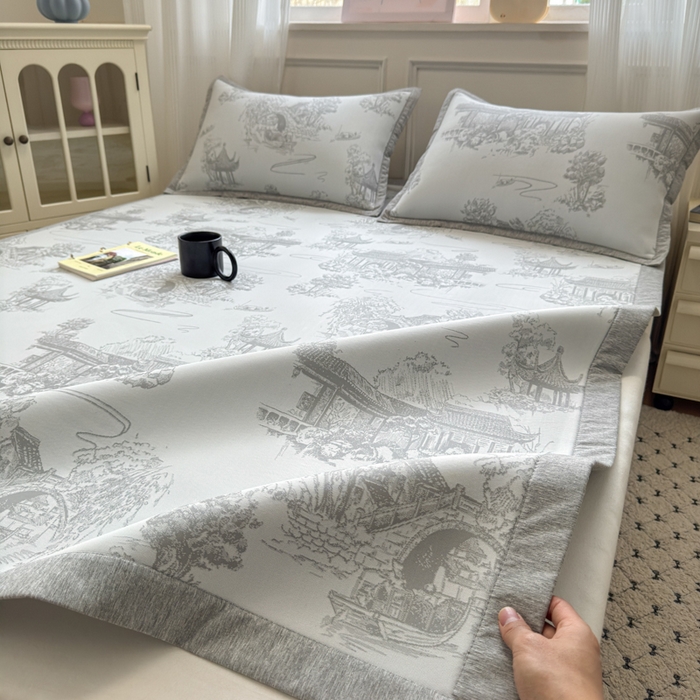 91家纺网 家纺一手货源 找家纺 花漾家居 2025新款A类色织提花PE凉感丝凉席三件套床单床笠款 床单款-江南灰