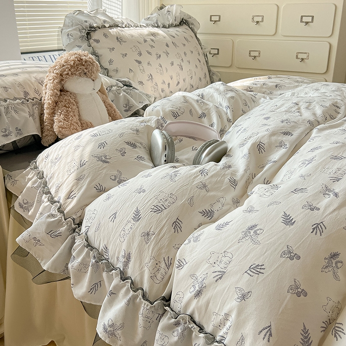 91家纺网 家纺一手货源 找家纺 眠帛家居 2025新款A类法式皱皱纱小清新蕾丝花边四件套 阿狸