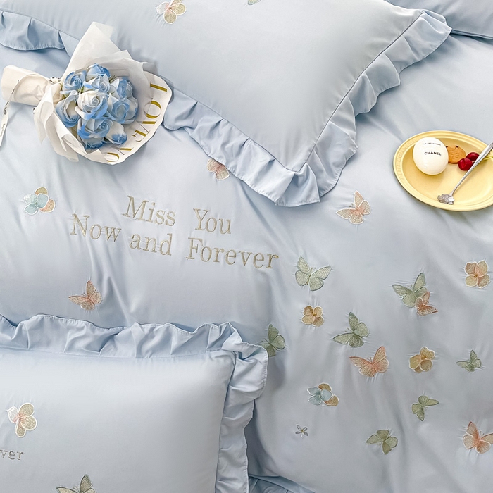 91家纺网 家纺一手货源 找家纺 恋之语 2025新款水洗棉刺绣花边四件套-蝶羽 蝶羽-蓝