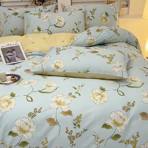 91家纺网 家纺一手货源 找家纺 宇彬家纺 2026直播新款13070全棉纯棉印花床单床笠款四件套和单被套喷气清新简约（缩水足可定做）花想容-蓝
