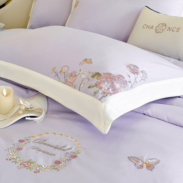 91家纺网 家纺一手货源 找家纺 恋之语 2025新款水洗棉刺绣四件套-伊莉莎 伊莉莎-紫白