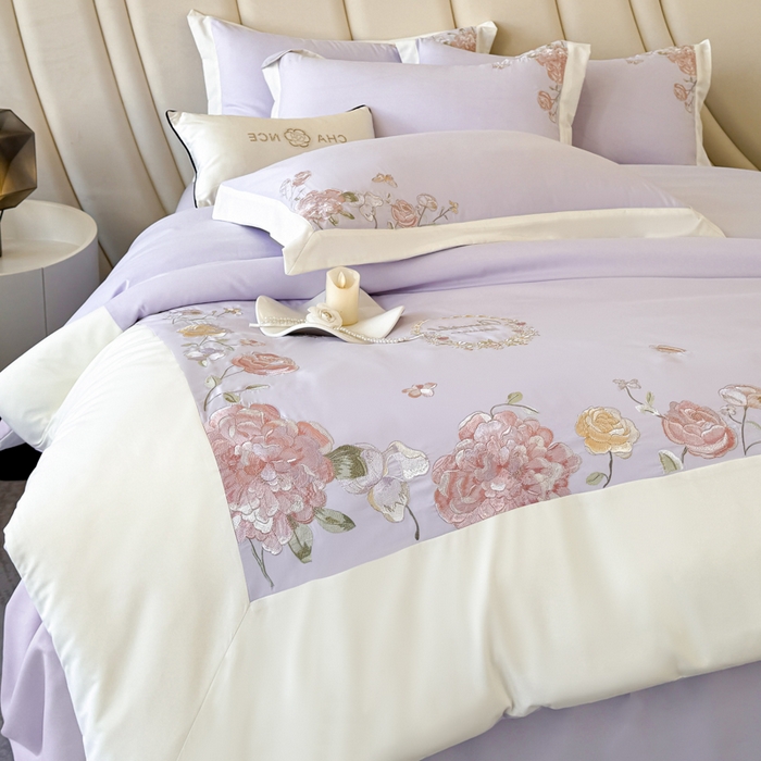 91家纺网 家纺一手货源 找家纺 恋之语 2025新款水洗棉刺绣四件套-伊莉莎 伊莉莎-紫白