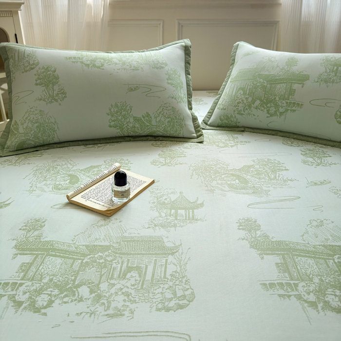 91家纺网 家纺一手货源 找家纺 花漾家居 2025新款A类色织提花PE凉感丝凉席三件套床单床笠款 床笠款-江南绿