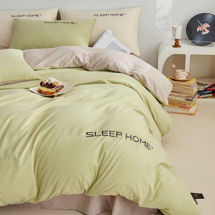 91家纺网 家纺一手货源 找家纺 恋之语 2025新款110克麻绳双拼刺绣四件套 抹茶绿+浅灰