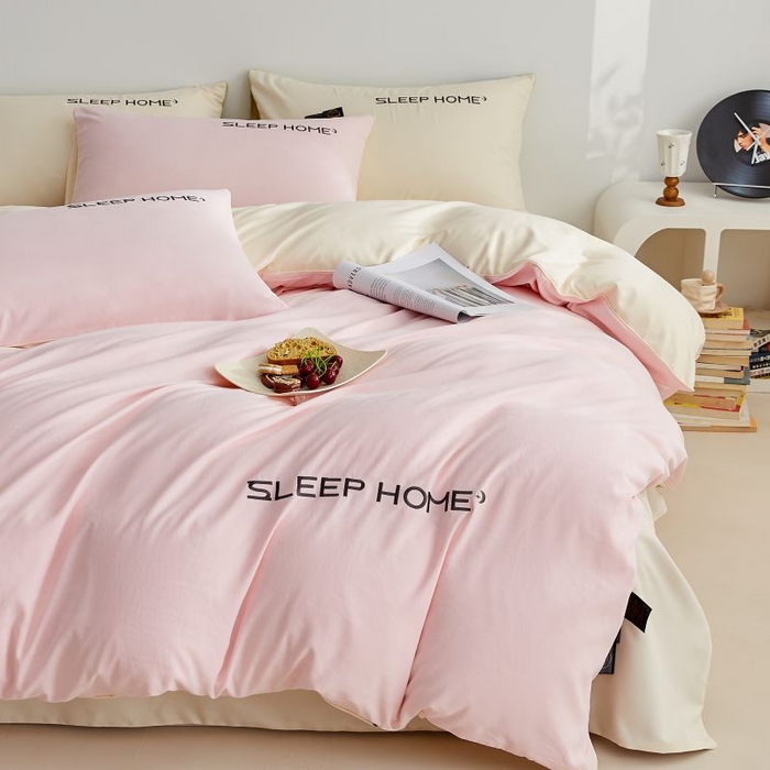 91家纺网 家纺一手货源 找家纺 恋之语 2025新款110克麻绳双拼刺绣单被套 樱花粉+米黄