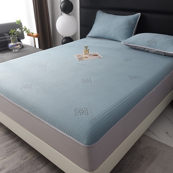 91家纺网 家纺一手货源 找家纺 绒多多 2025新款A类凉感冰豆豆席子凉席床笠款 雾霾蓝