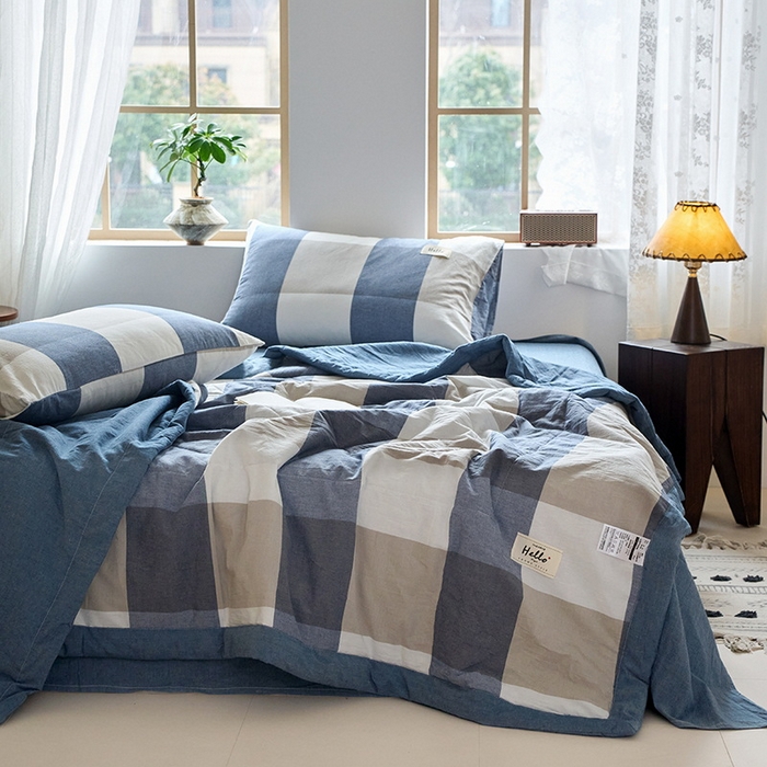 91家纺网 家纺一手货源 找家纺 恋人优选 2025新款纯棉色织水洗夏被 蓝大格