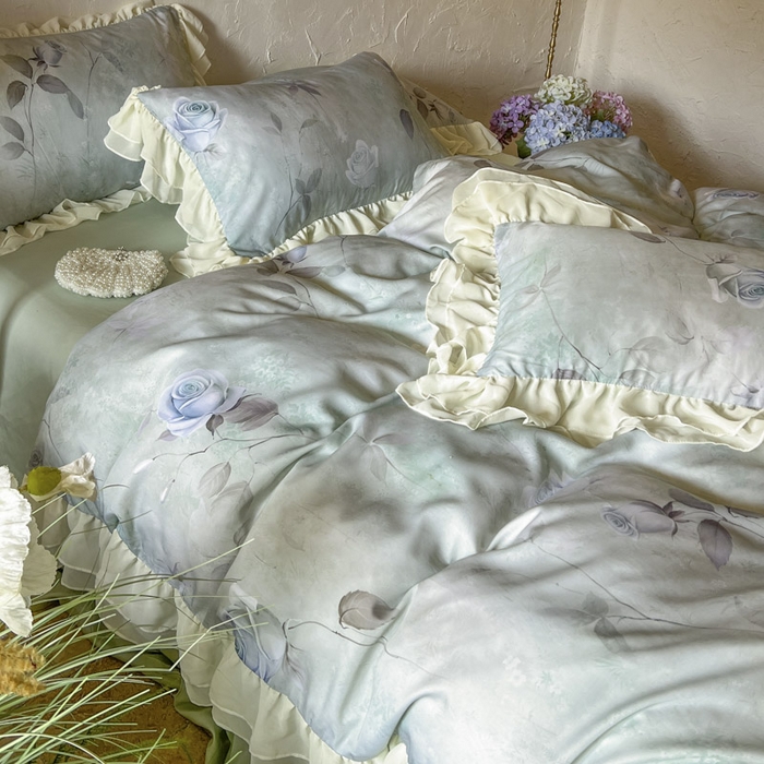 91家纺网 家纺一手货源 找家纺 亲亲公主 2025新款莱赛尔天丝棉玫瑰之恋四件套 玫瑰之恋一绿色