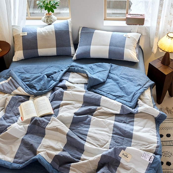 91家纺网 家纺一手货源 找家纺 恋人优选 2025新款纯棉色织水洗夏被 蓝大格