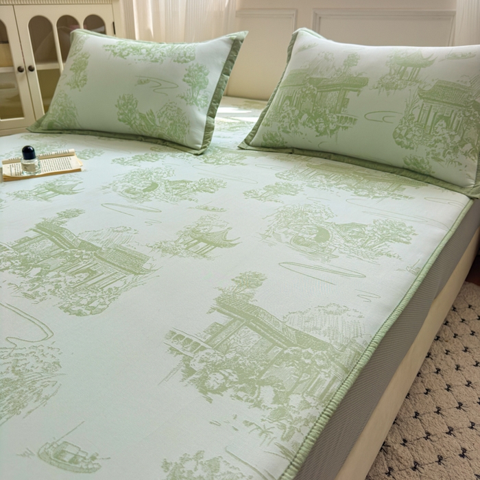 91家纺网 家纺一手货源 找家纺 花漾家居 2025新款A类色织提花PE凉感丝凉席三件套床单床笠款 床笠款-江南绿