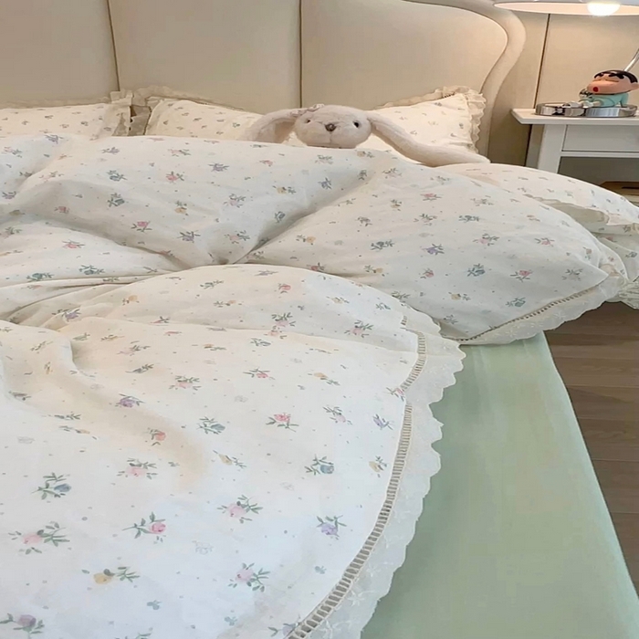 91家纺网 家纺一手货源 找家纺 荣轩2025新款全棉双层纱镂空花边工艺款四件套（铺床版）白桃花茶