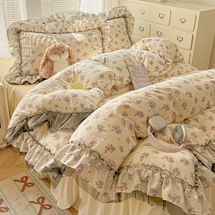 91家纺网 家纺一手货源 找家纺 眠帛家居 2025新款A类法式皱皱纱小清新蕾丝花边四件套 芬芳